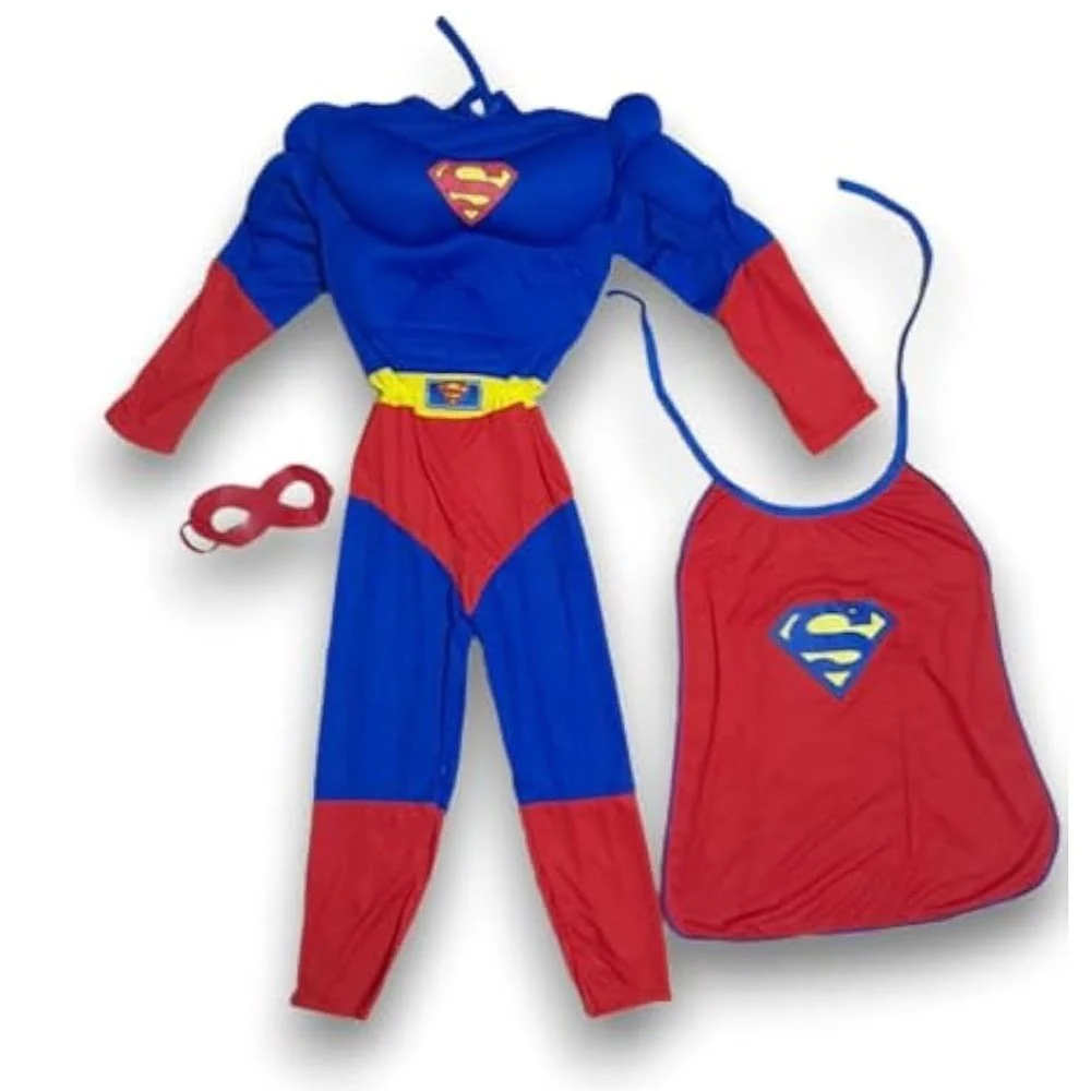 Flying Hero Muscle Costume for Kids with padded chest, red cape, and mask – 3-piece party and roleplay set