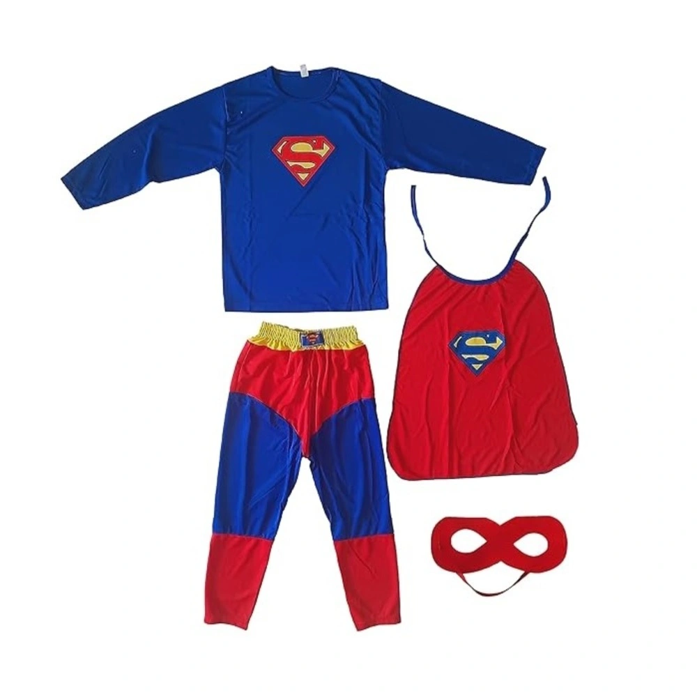 Kids Flying Hero Costume- 4-piece flying superhero costume set for kids with red and blue shirt, pants, cape, and eye mask