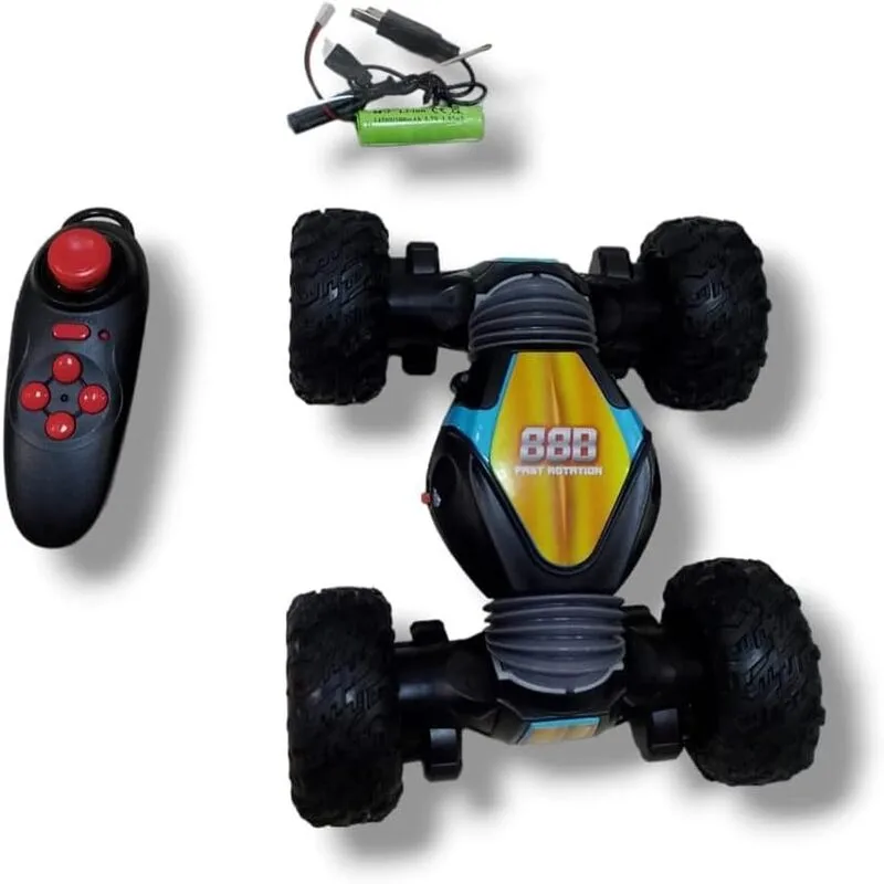 Mini Stunt Car Remote Control performing 360° flips with climbing and anti-slip features on rocky terrain.