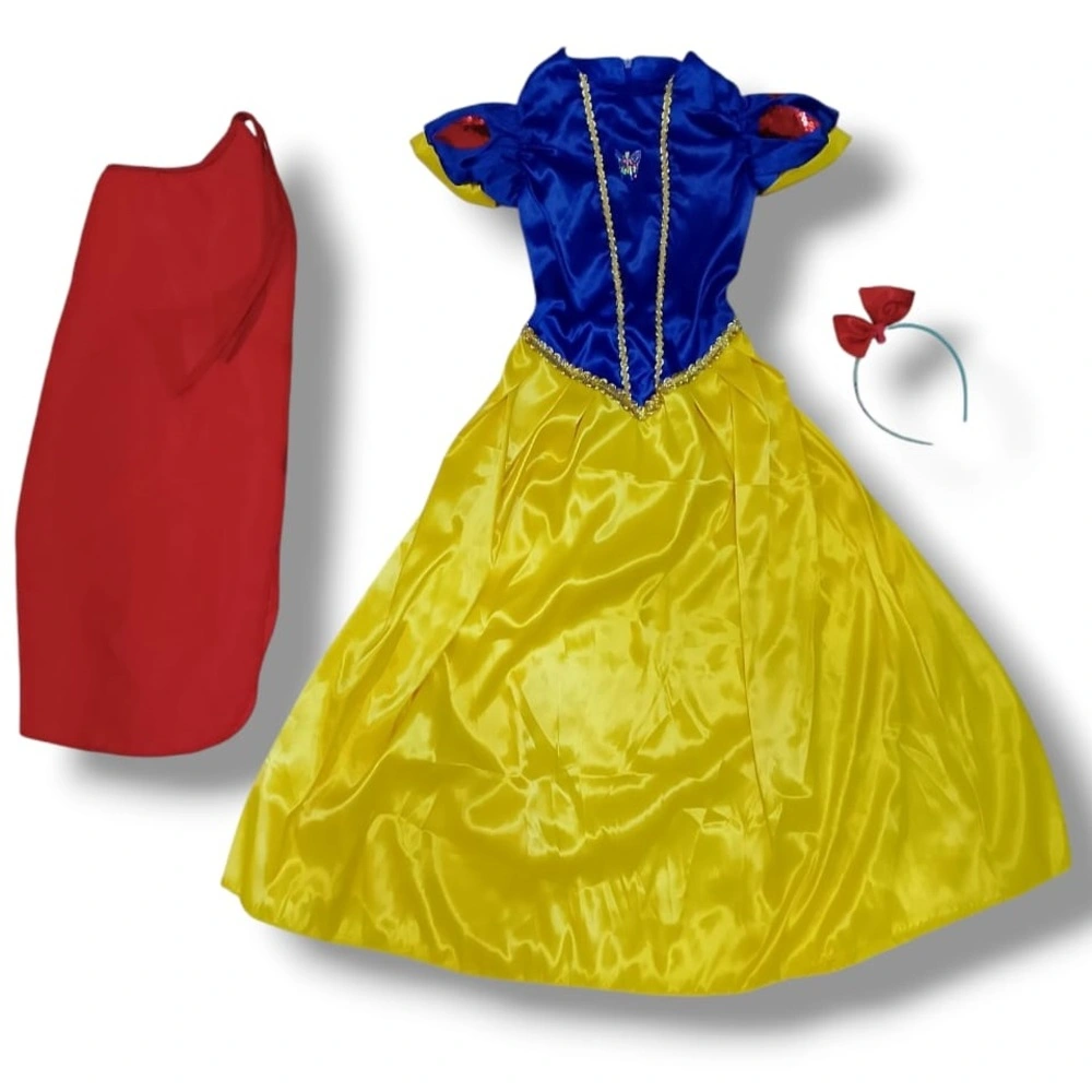Snow White Princess Costume for Kids featuring a vibrant yellow skirt, blue bodice, and red cape